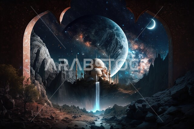 تصميم ثلاثي الابعاد لمسجد وسط الطبيعية ليلا، السماء المليئة بالنجوم، هلال القمر، الحجارة والصخور، الفضاء الخارجي، تصاميم اسلامية، زخارف اسلامية، ديكورات اسلامية، مسجد إسلامي بتصاميم فاخرة خلفية اسلامية