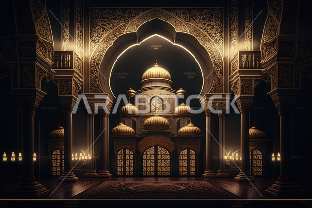 3D design of a mosque from the inside, Islamic architectural engineering art, Islamic designs, Islamic motifs, Islamic decorations, luxury designs, Islamic background