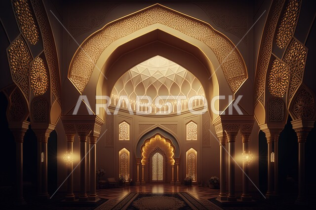 3D design of a mosque from the inside, Islamic architectural engineering art, Islamic designs, Islamic motifs, Islamic decorations, luxury designs, Islamic background