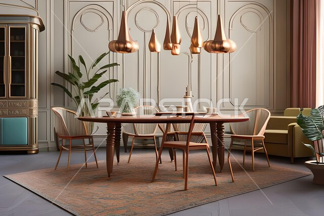 غرفة معيشة بتصاميم عصرية حديثة، ديكورات داخلية، طاولة السفرة، كراسي خشبية، أثاث منزلي راقي، تصاميم عصرية فاخرة، شقق وفلل سكنية،