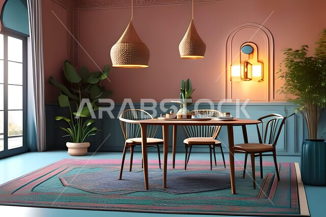 غرفة معيشة بتصاميم عصرية حديثة، ديكورات داخلية، طاولة السفرة، كراسي خشبية، أثاث منزلي راقي، تصاميم عصرية فاخرة، شقق وفلل سكنية،