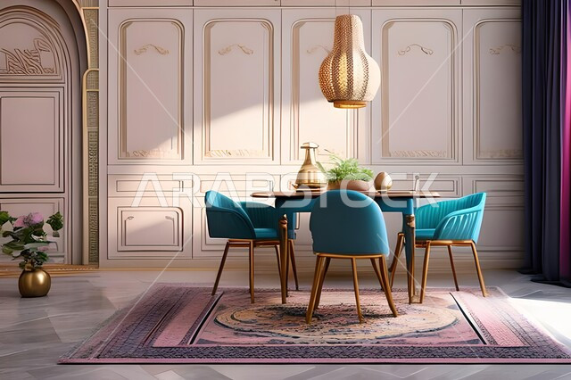 غرفة معيشة بتصاميم عصرية حديثة، ديكورات داخلية، طاولة السفرة، كراسي خشبية، أثاث منزلي راقي، تصاميم عصرية فاخرة، شقق وفلل سكنية،