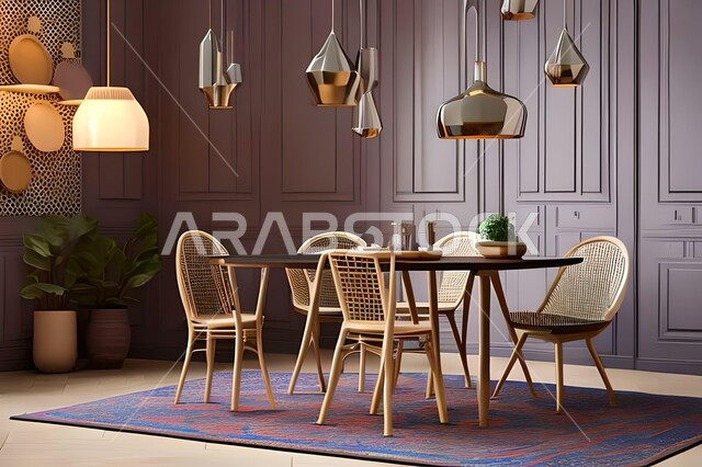 غرفة معيشة بتصاميم عصرية حديثة، ديكورات داخلية، طاولة السفرة، كراسي خشبية، أثاث منزلي راقي، تصاميم عصرية فاخرة، شقق وفلل سكنية،