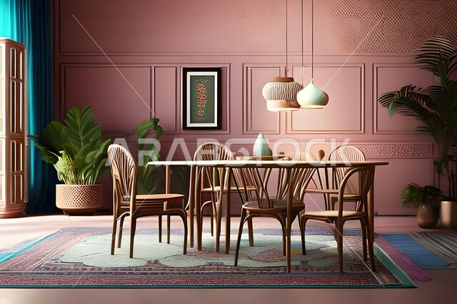 Living room with modern modern designs, interior decorations, dining table, wooden chairs, high-end home furniture, luxurious modern designs, apartments and villas,