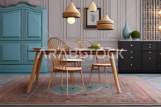 غرفة معيشة بتصاميم عصرية حديثة، ديكورات داخلية، طاولة السفرة، كراسي خشبية، أثاث منزلي راقي، تصاميم عصرية فاخرة، شقق وفلل سكنية،