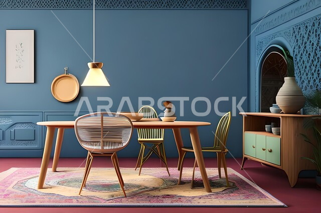 غرفة معيشة بتصاميم عصرية حديثة، ديكورات داخلية، طاولة السفرة، كراسي خشبية، أثاث منزلي راقي، تصاميم عصرية فاخرة، شقق وفلل سكنية،