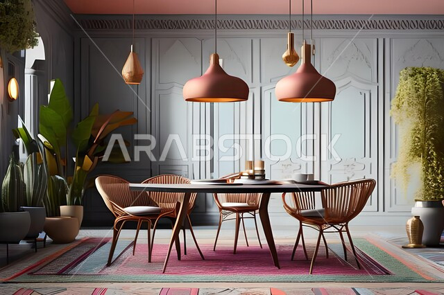 غرفة معيشة بتصاميم عصرية حديثة، ديكورات داخلية، طاولة السفرة، كراسي خشبية، أثاث منزلي راقي، تصاميم عصرية فاخرة، شقق وفلل سكنية،