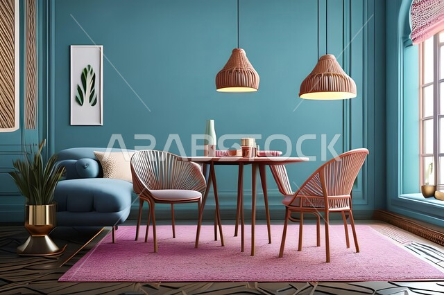 غرفة معيشة بتصاميم عصرية حديثة، ديكورات داخلية، طاولة السفرة، كراسي خشبية، أثاث منزلي راقي، تصاميم عصرية فاخرة، شقق وفلل سكنية،