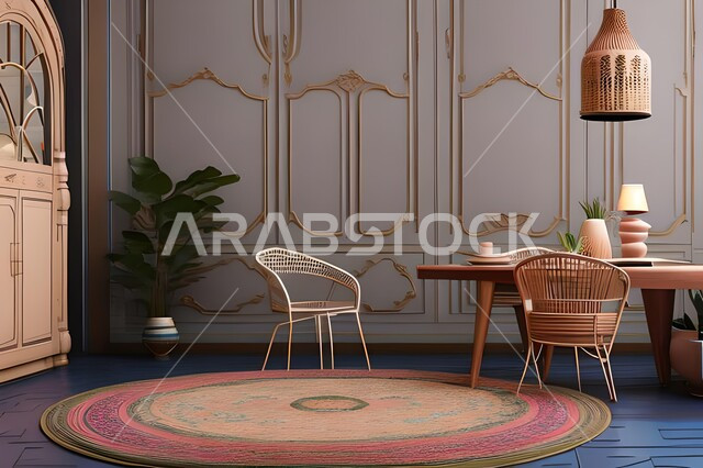 غرفة معيشة بتصاميم عصرية حديثة، ديكورات داخلية، طاولة السفرة، كراسي خشبية، أثاث منزلي راقي، تصاميم عصرية فاخرة، شقق وفلل سكنية،