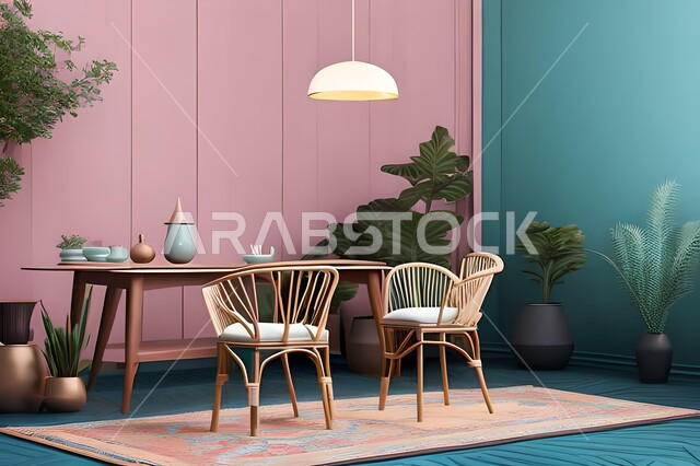 غرفة معيشة بتصاميم عصرية حديثة، ديكورات داخلية، طاولة السفرة، كراسي خشبية، أثاث منزلي راقي، تصاميم عصرية فاخرة، شقق وفلل سكنية،