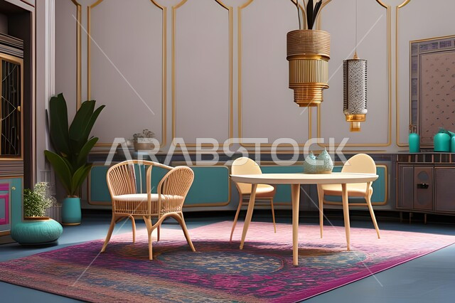 غرفة معيشة بتصاميم عصرية حديثة، ديكورات داخلية، طاولة السفرة، كراسي خشبية، أثاث منزلي راقي، تصاميم عصرية فاخرة، شقق وفلل سكنية،