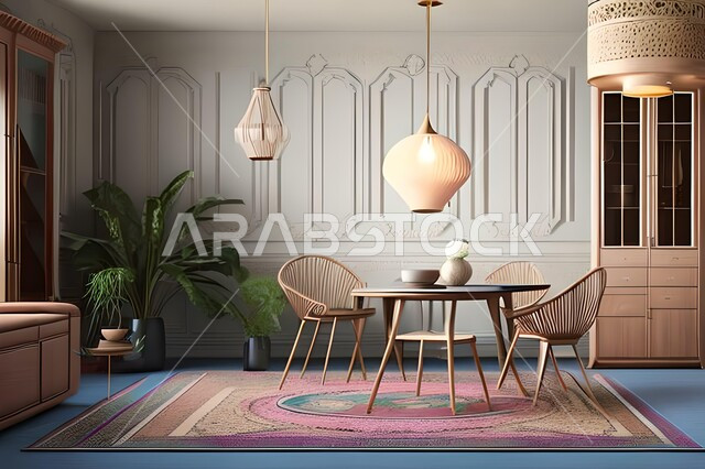 غرفة معيشة بتصاميم عصرية حديثة، ديكورات داخلية، طاولة السفرة، كراسي خشبية، أثاث منزلي راقي، تصاميم عصرية فاخرة، شقق وفلل سكنية،