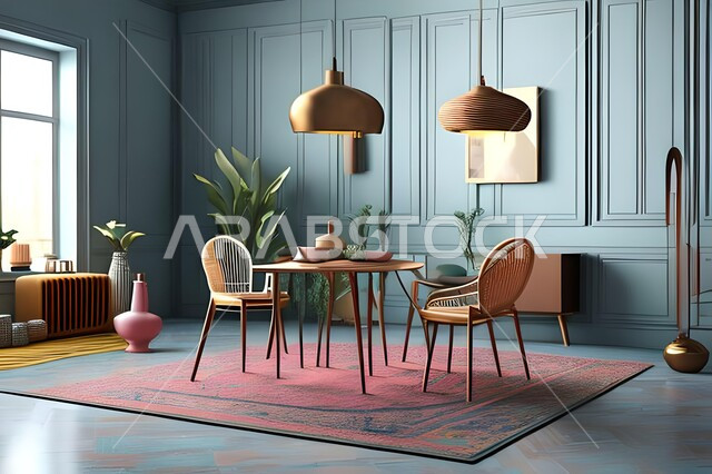 غرفة معيشة بتصاميم عصرية حديثة، ديكورات داخلية، طاولة السفرة، كراسي خشبية، أثاث منزلي راقي، تصاميم عصرية فاخرة، شقق وفلل سكنية،