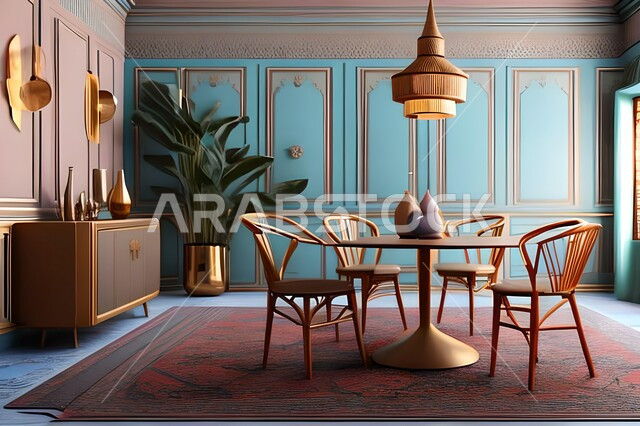 غرفة معيشة بتصاميم عصرية حديثة، ديكورات داخلية، طاولة السفرة، كراسي خشبية، أثاث منزلي راقي، تصاميم عصرية فاخرة، شقق وفلل سكنية،