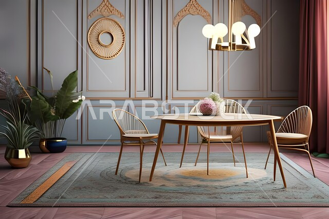 غرفة معيشة بتصاميم عصرية حديثة، ديكورات داخلية، طاولة السفرة، كراسي خشبية، أثاث منزلي راقي، تصاميم عصرية فاخرة، شقق وفلل سكنية،