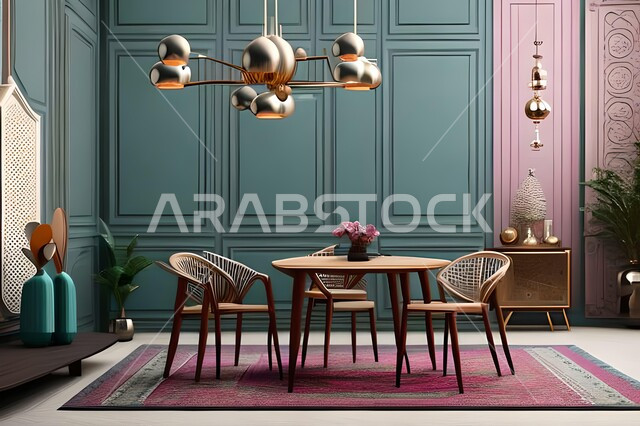 غرفة معيشة بتصاميم عصرية حديثة، ديكورات داخلية، طاولة السفرة، كراسي خشبية، أثاث منزلي راقي، تصاميم عصرية فاخرة، شقق وفلل سكنية،