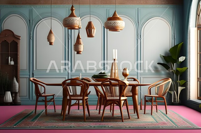 ديكورات منزلية داخلية حديثة لغرفة طعام، غرفة معيشة بتصاميم عصرية فاخرة، ديكورات داخلية، طاولة السفرة، كراسي خشبية، أثاث منزلي راقي، تصاميم وديكورات حديثة، شقق وفلل سكنية،