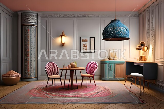 Modern interior home decorations for a dining room, living room with modern luxury designs, interior decorations, dining table, wooden chairs, upscale home furniture, modern designs and decorations, apartments and villas,
