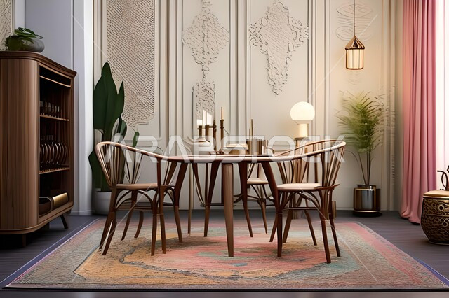 ديكورات منزلية داخلية حديثة لغرفة طعام، غرفة معيشة بتصاميم عصرية فاخرة، ديكورات داخلية، طاولة السفرة، كراسي خشبية، أثاث منزلي راقي، تصاميم وديكورات حديثة، شقق وفلل سكنية،