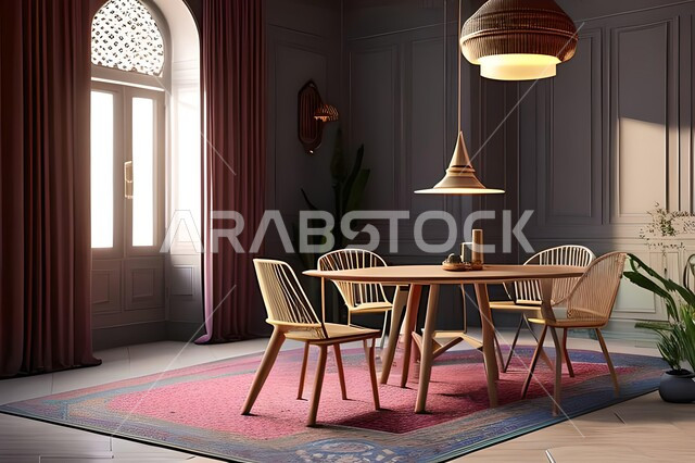 Modern interior home decorations for a dining room, living room with modern luxury designs, interior decorations, dining table, wooden chairs, upscale home furniture, modern designs and decorations, apartments and villas,