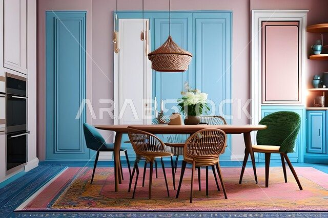 ديكورات منزلية داخلية حديثة لغرفة طعام، غرفة معيشة بتصاميم عصرية فاخرة، ديكورات داخلية، طاولة السفرة، كراسي خشبية، أثاث منزلي راقي، تصاميم وديكورات حديثة، شقق وفلل سكنية،