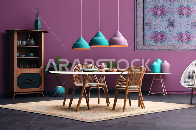 Modern interior home decorations for the dining room, dining table, wooden chairs, living room, luxurious modern designs and decorations, interior decorations, high-end home furniture, apartments and villas