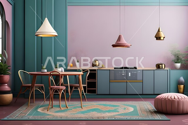 Modern interior home decorations for the dining room, dining table, wooden chairs, living room, luxurious modern designs and decorations, interior decorations, high-end home furniture, apartments and villas