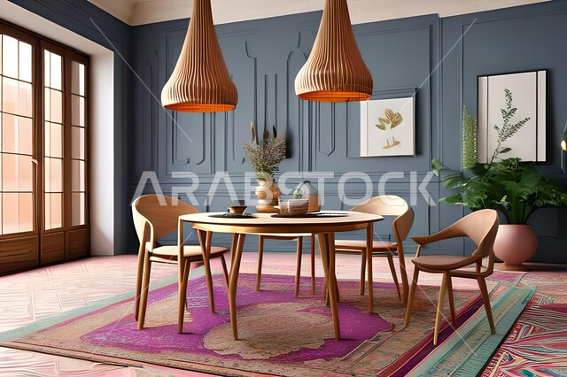 ديكورات منزلية داخلية حديثة لغرفة طعام، طاولة السفرة، كراسي خشبية، غرفة معيشة، تصاميم وديكورات عصرية فاخرة، ديكورات داخلية، أثاث منزلي راقي، شقق وفلل سكنية