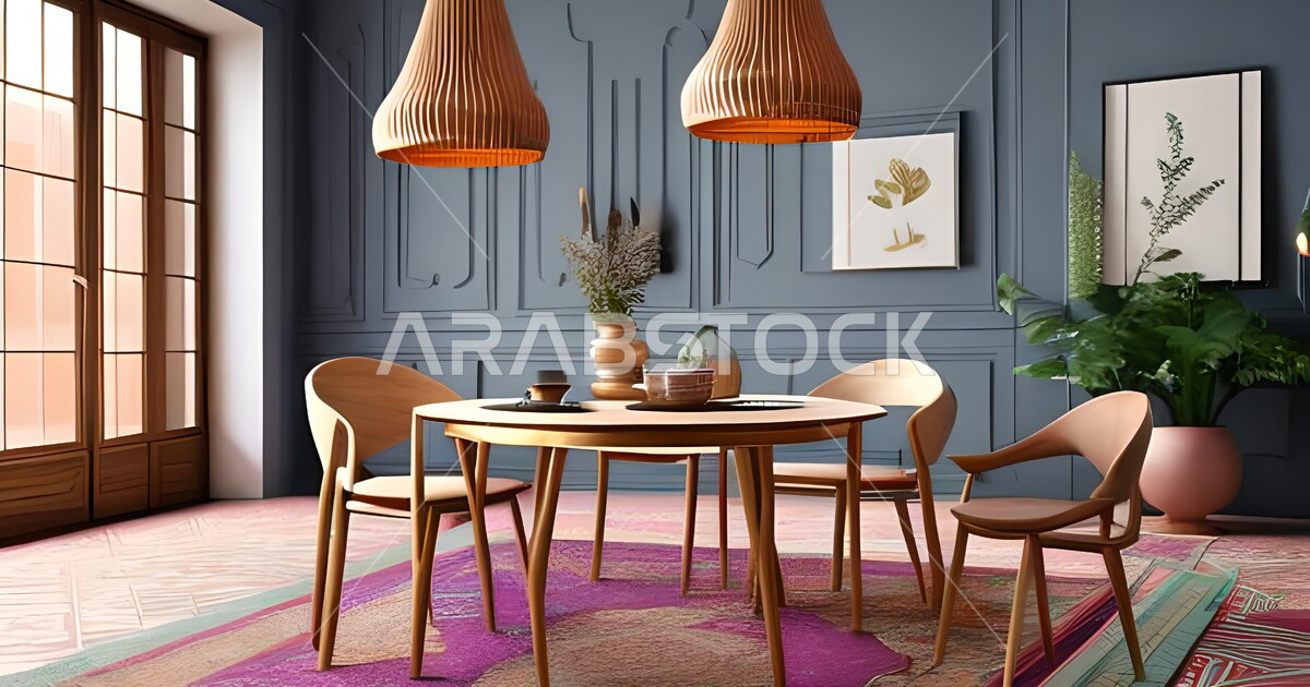 Modern interior home decorations for the dining room, dining table
