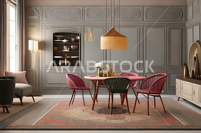 ديكورات منزلية داخلية حديثة لغرفة طعام، طاولة السفرة، كراسي خشبية، غرفة معيشة، تصاميم وديكورات عصرية فاخرة، ديكورات داخلية، أثاث منزلي راقي، شقق وفلل سكنية