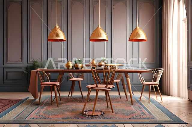 Modern interior home decorations for the dining room, dining table, wooden chairs, living room, luxurious modern designs and decorations, interior decorations, high-end home furniture, apartments and villas