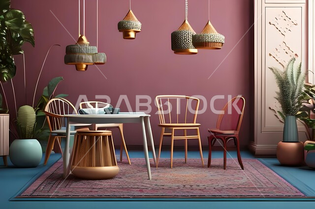 Modern interior home decorations for the dining room, dining table, wooden chairs, living room, luxurious modern designs and decorations, interior decorations, high-end home furniture, apartments and villas