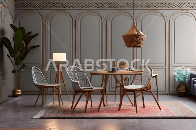 Modern interior home decorations for the dining room, dining table, wooden chairs, living room, luxurious modern designs and decorations, interior decorations, high-end home furniture, apartments and villas