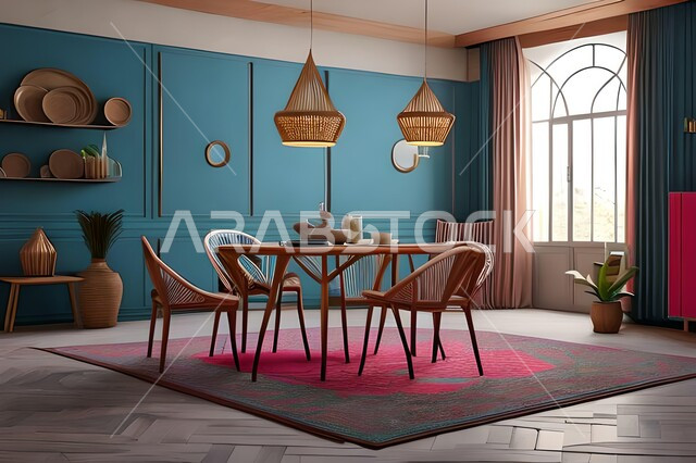 Modern interior home decorations for the dining room, dining table, wooden chairs, living room, luxurious modern designs and decorations, interior decorations, high-end home furniture, apartments and villas