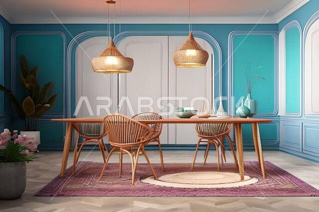 ديكورات منزلية داخلية حديثة لغرفة طعام، طاولة السفرة، كراسي خشبية، غرفة معيشة، تصاميم وديكورات عصرية فاخرة، ديكورات داخلية، أثاث منزلي راقي، شقق وفلل سكنية