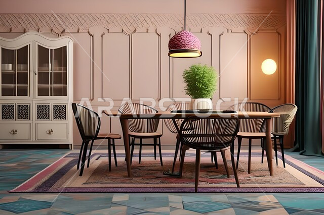 Modern interior home decorations for the dining room, dining table, wooden chairs, living room, luxurious modern designs and decorations, interior decorations, high-end home furniture, apartments and villas