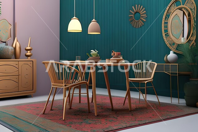 Modern interior home decorations for the dining room, dining table, wooden chairs, living room, luxurious modern designs and decorations, interior decorations, high-end home furniture, apartments and villas