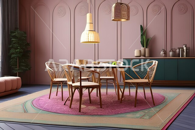 Modern interior home decorations for the dining room, dining table, wooden chairs, living room, luxurious modern designs and decorations, interior decorations, high-end home furniture, apartments and villas