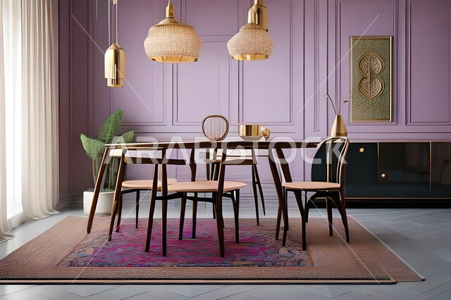 Modern interior home decorations for a dining room, luxurious modern designs and decorations, dining table, wooden chairs, living room, interior decorations, high-end home furnishings, apartments and villas