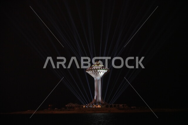 برج المياه مضيء ليلا, برج المياه في مدينة الخبر, الفن الهندسي المعماري,  معالم سياحية مشهورة في السعودية