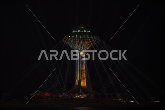 water tower in al khobar, architectural Art, water tower illuminated at night, Popular Attractions in Saudi Arabia