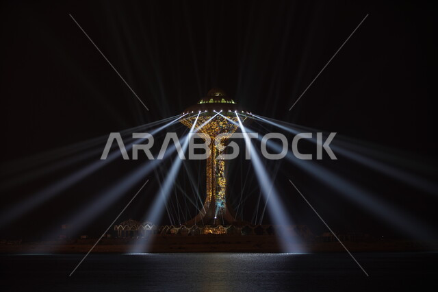 Corniche Tower in Khobar City in Night Mode, Architectural Art, Water Tower Illuminated at Night, Popular Attractions in Saudi Arabia