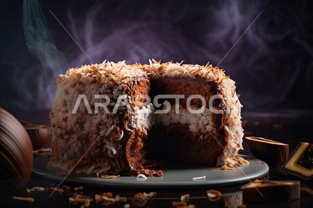 صورة مقربة هشة مزينة بالشوكولا, حلويات وسكريات, حلا شرقي, حلوى مخبوزة, خلفية سوداء