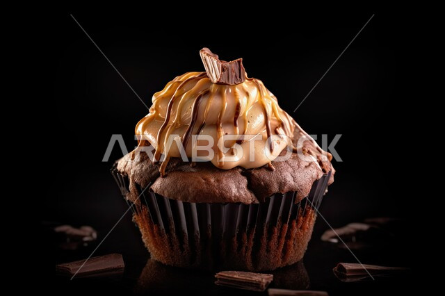 صورة مقربة لكاب كيك مزين بالكريمة ، حلويات وسكريات ، كيك الشوكولاتة ، ورق الكب كيك، مخبوزات ومعجنات, خلفية سوداء