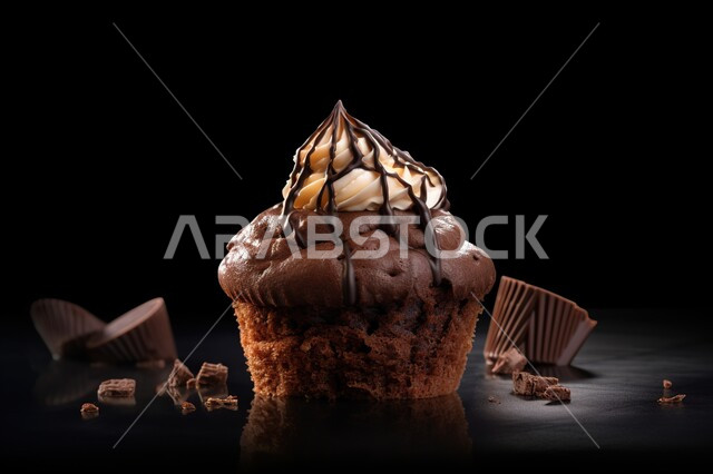 كاب كيك مزين بالكريمة ، حلويات وسكريات ، كيك الشوكولاتة ، ورق الكب كيك، مخبوزات ومعجنات, خلفية سوداء