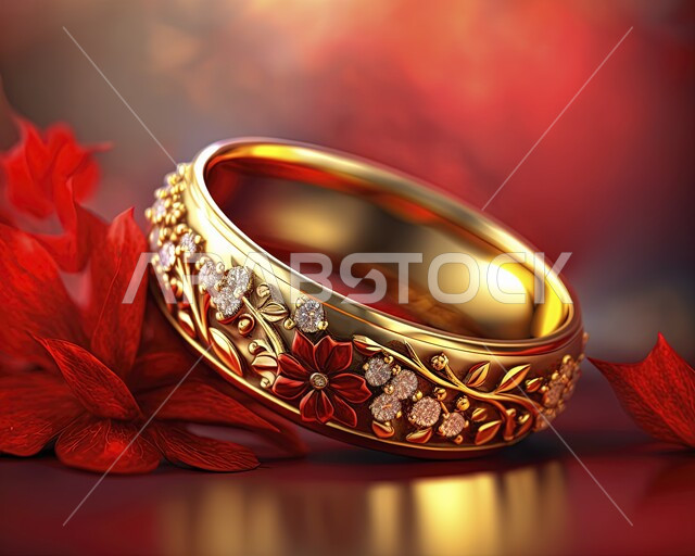 صورة مقربة لدبلة مصنوعة من الذهب مع الورود الحمراء، صناعة الحلي والذهب، ورود الزينة الحمراء، دبلة خطوبة، الحلي والاكسسوارات، خاتم زواج فاخر