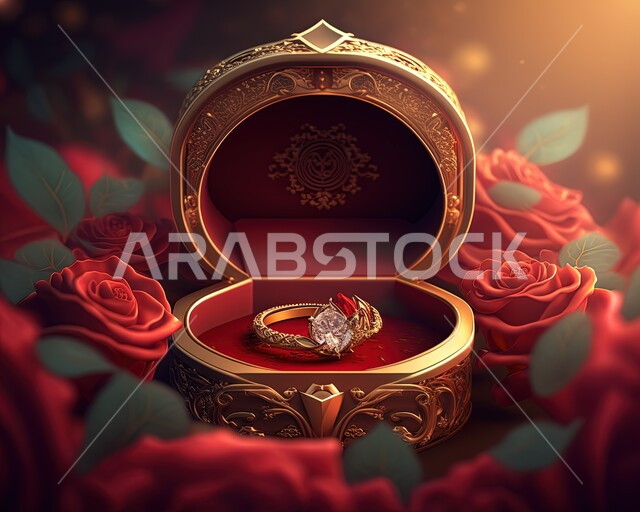 صورة مقربة لخاتم زواج فاخر مع الورود الحمراء، صناعة الحلي والذهب، ورود الزينة الحمراء، دبلة خطوبة، الحلي والاكسسوارات، دبلة مصنوعة من الذهب