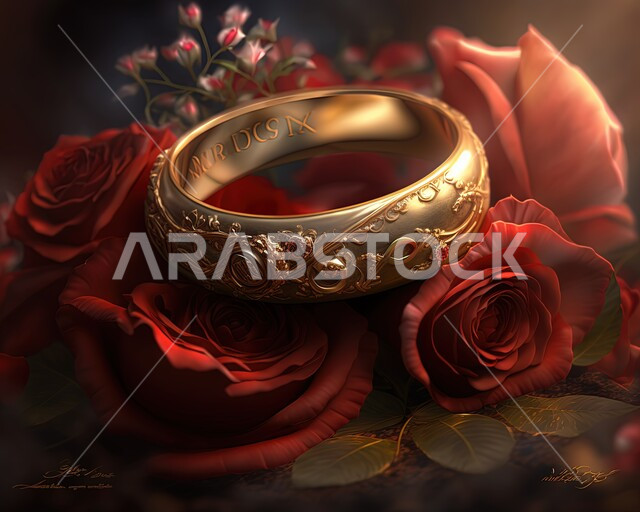 صورة مقربة لخاتم زواج فاخر مع الورود الحمراء، صناعة الحلي والذهب، ورود الزينة الحمراء، دبلة خطوبة، الحلي والاكسسوارات، دبلة مصنوعة من الذهب