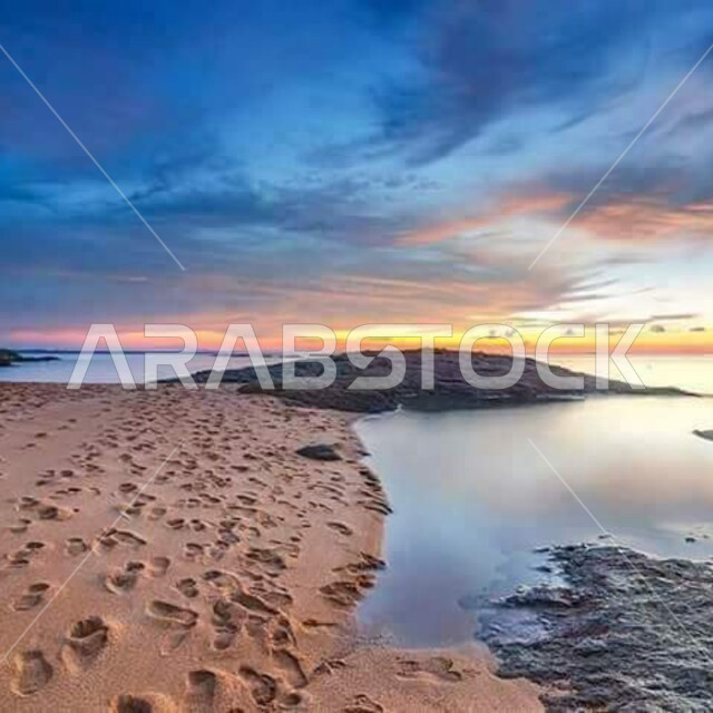 شاطئ البحر، هدوء البحر، رمال البحر، مناظر طبيعية وقت غروب الشمس، خلفية الطبيعة