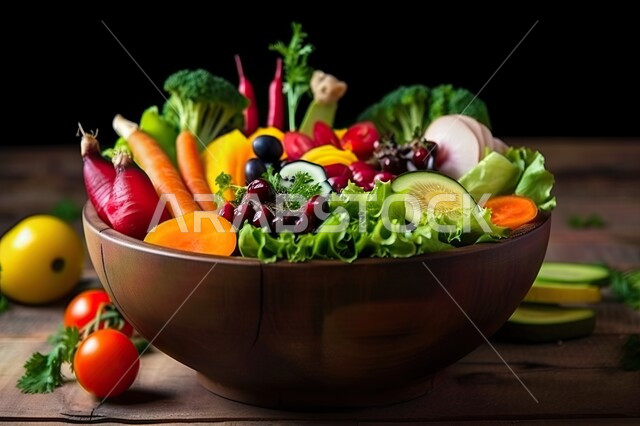 A plate of fruit salad with delicious vegetables, mixed fruits and vegetables, Arabic dishes, oriental food, a healthy meal, fresh vegetables and fruits, appetizers